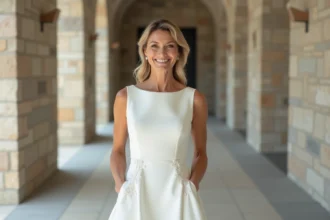Femme en robe de mariage élégante dans une mairie lumineuse