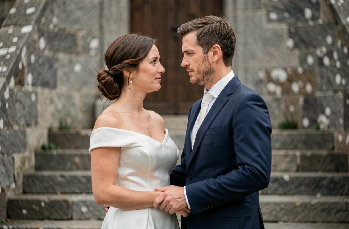 Couple de mariés photographié devant une chapelle en pierre bretonne à Lesneven lors de leur cérémonie de mariage