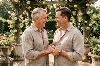 Deux hommes élégants se tenant la main dans un jardin fleuri lors d'une célébration de mariage intime