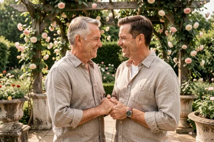 Deux hommes élégants se tenant la main dans un jardin fleuri lors d'une célébration de mariage intime