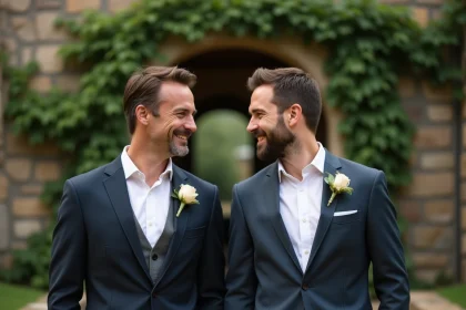 Deux hommes élégamment vêtus partageant un moment discret lors d'une cérémonie intime en plein air