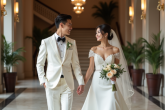 Jeune couple marié dans un hôtel chic lors de leur mariage