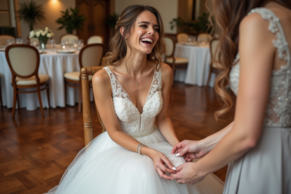 Mariée souriante en robe blanche lors d'une cérémonie de mariage