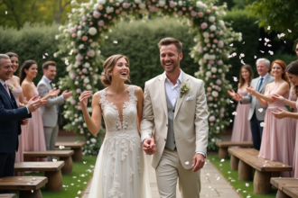 Mariage en plein air avec couple heureux confettis