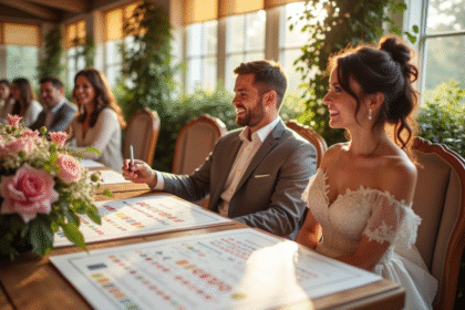 Jeune couple riant à une table de mariage élégante