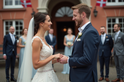 Couple échangeant des alliances devant la mairie danoise