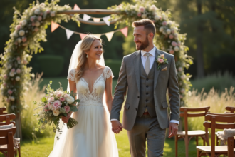 Mariage vintage avec mariée et marié dans un jardin