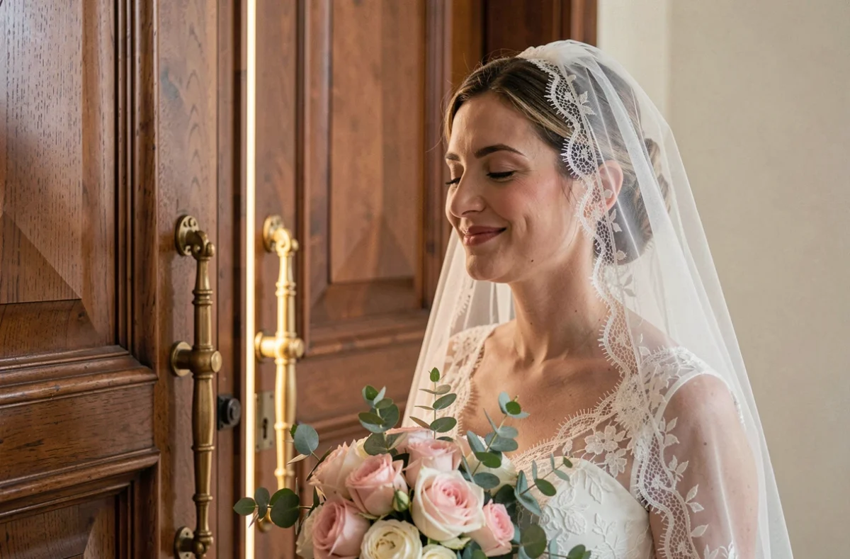 Mariée émue devant les portes fermées de la salle, écoutant sa musique d'entrée personnalisée avant de faire son apparition