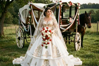 Mariée gitane en robe de mariée traditionnelle brodée d'or devant une calèche fleurie dans la campagne, photo éditoriale