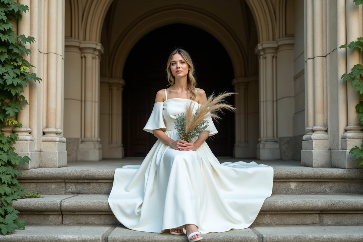 Mariée en robe trapèze coupe A-line crème assise sur les marches d'une église en pierre, bouquet de pampa et eucalyptus