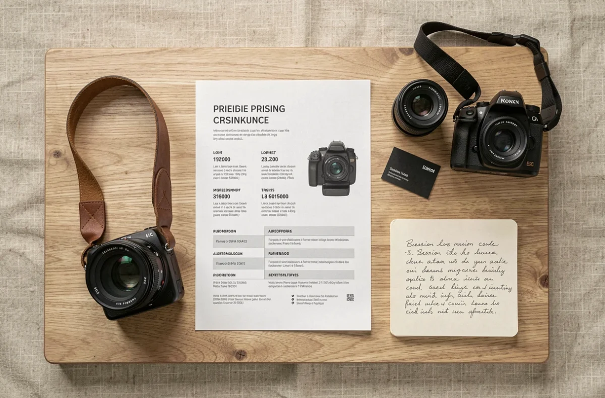 Matériel et tarifs d'un photographe professionnel présentés en flat-lay sur un bureau en bois à Illzach