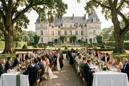 Vue panoramique d'une réception de mariage élégante en plein air dans une salle de mariage en Maine-et-Loire, avec des tables dressées et un château en arrière-plan