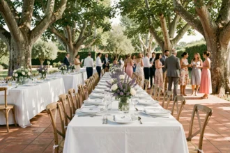 Réception de mariage en plein air dans le Gard, tables dressées sous les platanes avec décoration florale provençale