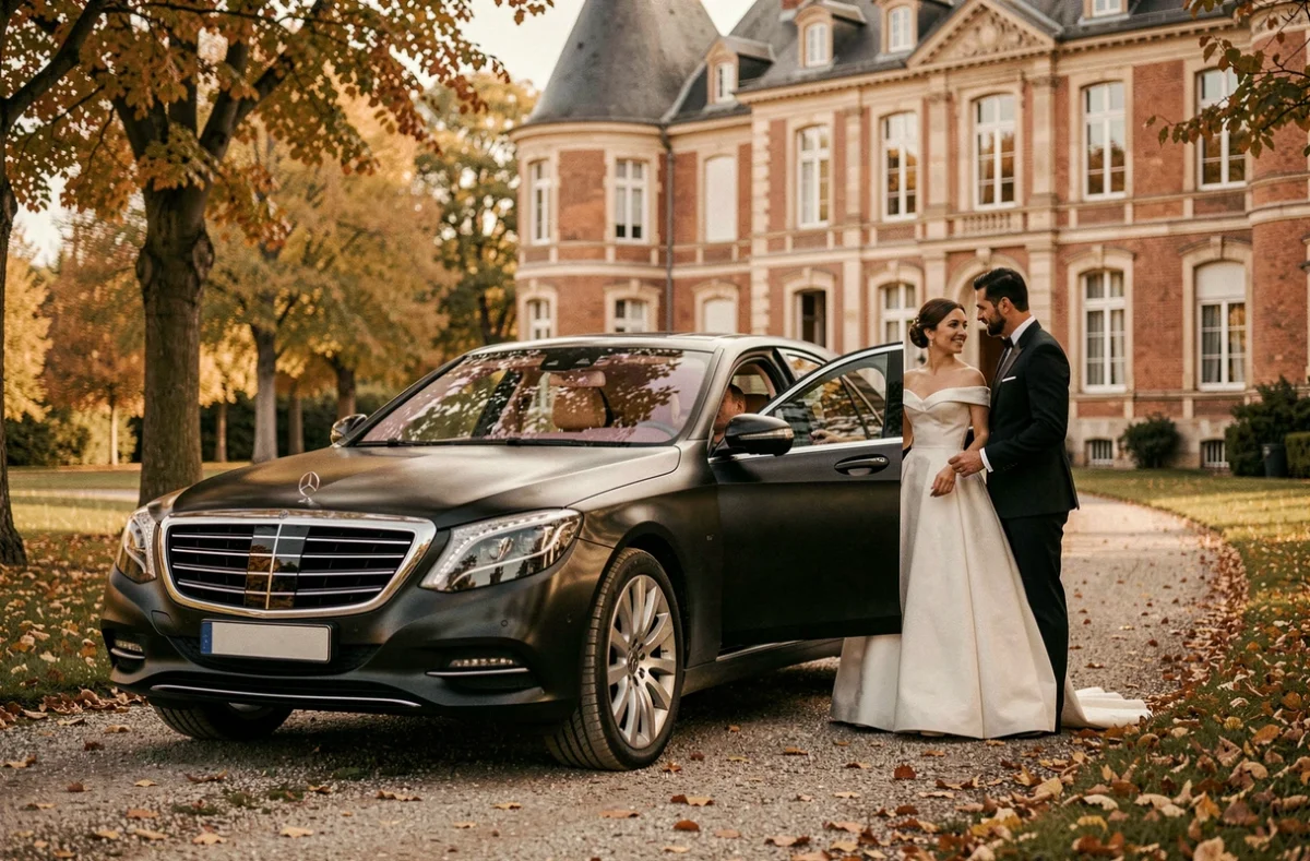 Mercedes-Maybach noire avec chauffeur ouvrant la portière pour une mariée devant un château de la région toulousaine