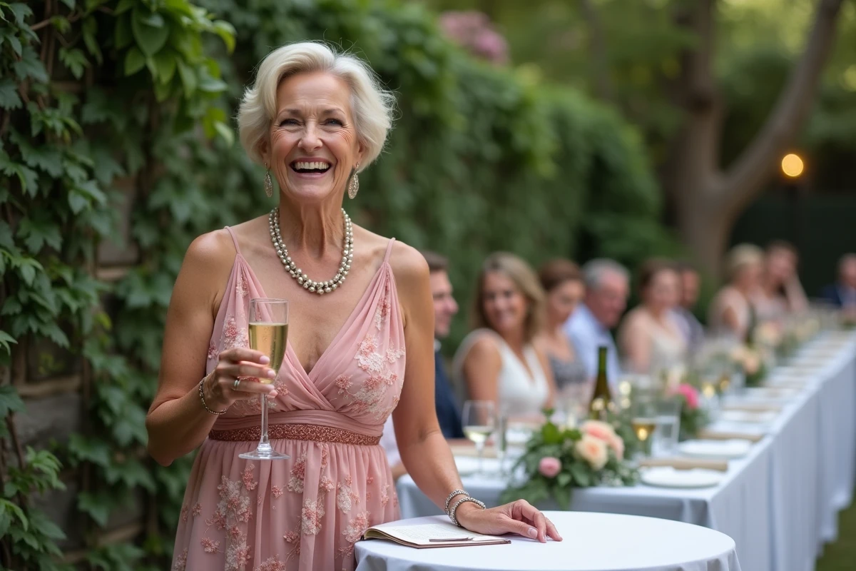 Mère de la mariée riant aux larmes pendant son discours de mariage en extérieur, levant une coupe de champagne