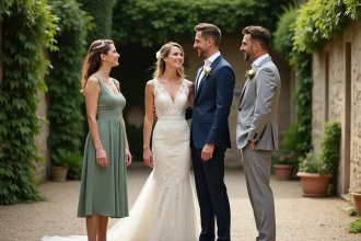 Mariés entourés de leurs deux témoins lors d'une cérémonie de mariage dans une cour en pierre