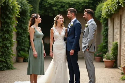 Mariés entourés de leurs deux témoins lors d'une cérémonie de mariage dans une cour en pierre