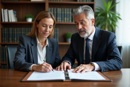 Couple de notaires en réunion dans un bureau moderne