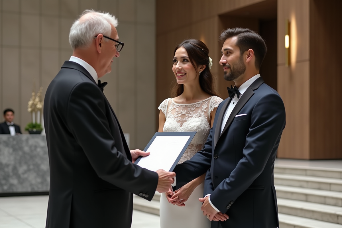 Notaire remettant un contrat de mariage à un couple dans un hall moderne