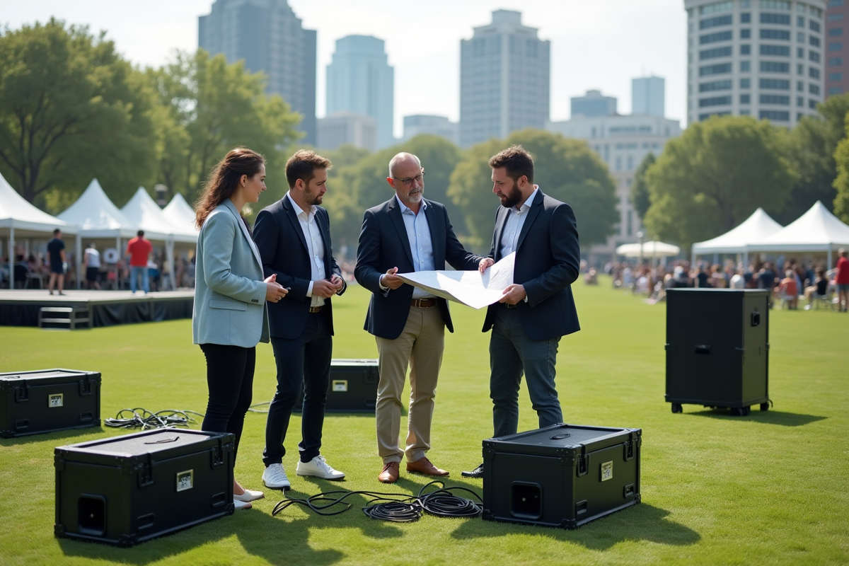 Groupe d organisateurs discutant près d une scène en plein air