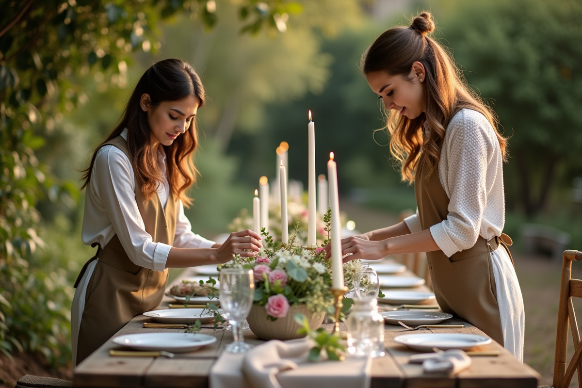 Organisateurs de mariage préparant une table extérieure avec décoration