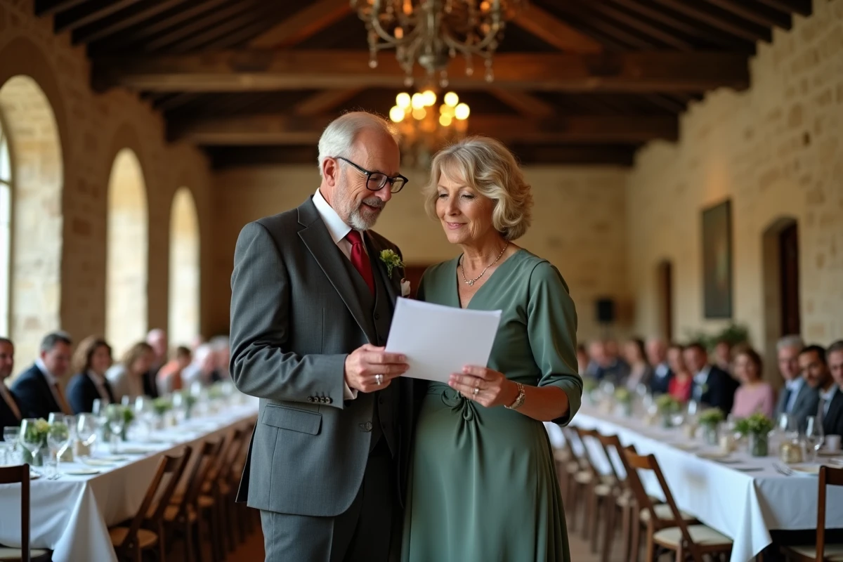 Parents des mariés lisant ensemble leur discours de mariage avec complicité dans une salle de réception en pierre