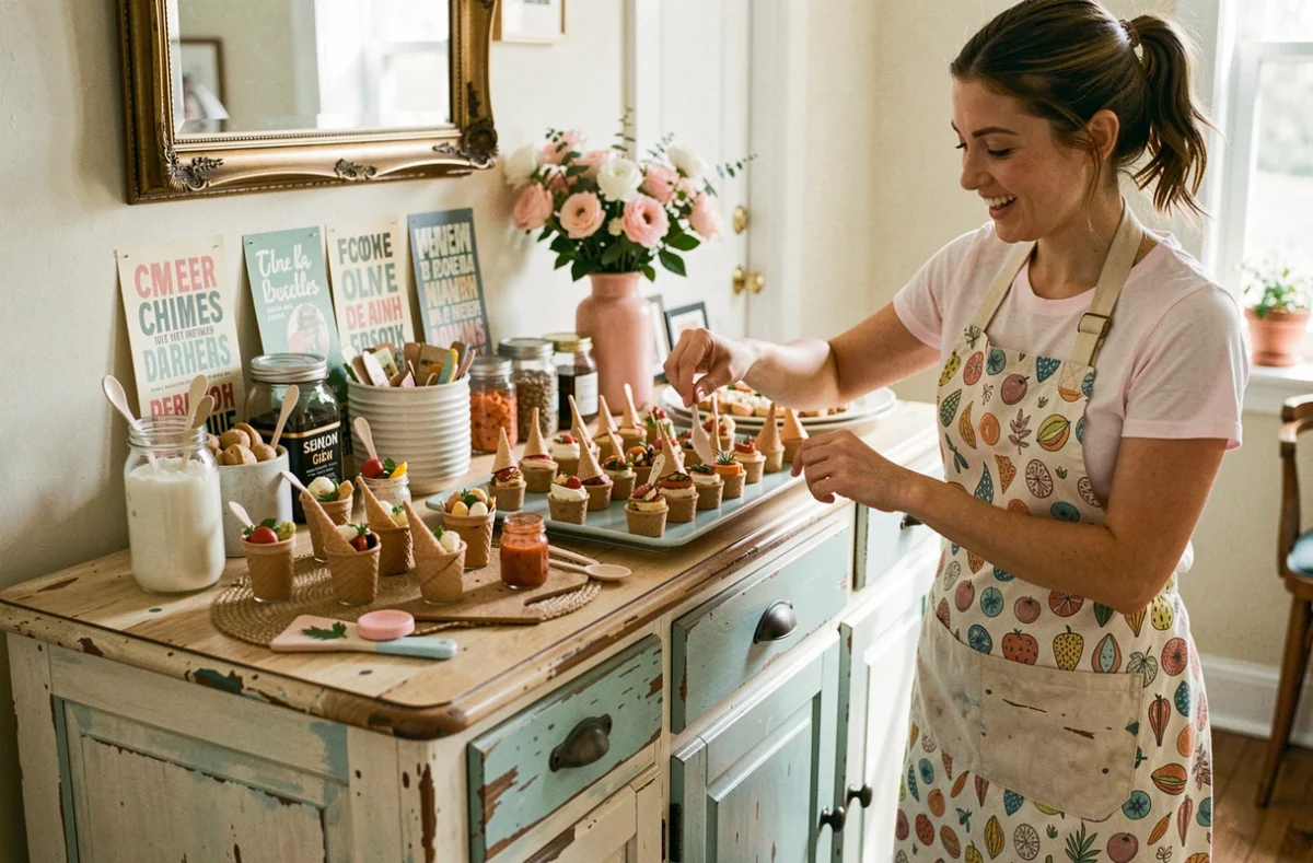 Station de dégustation décalée de Pekelette avec bouchées originales en formats insolites sur buffet vintage lors d'un mariage