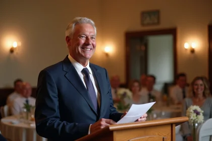 Père du marié souriant lors de son discours de mariage, tenant un papier à un pupitre dans une salle de réception élégante