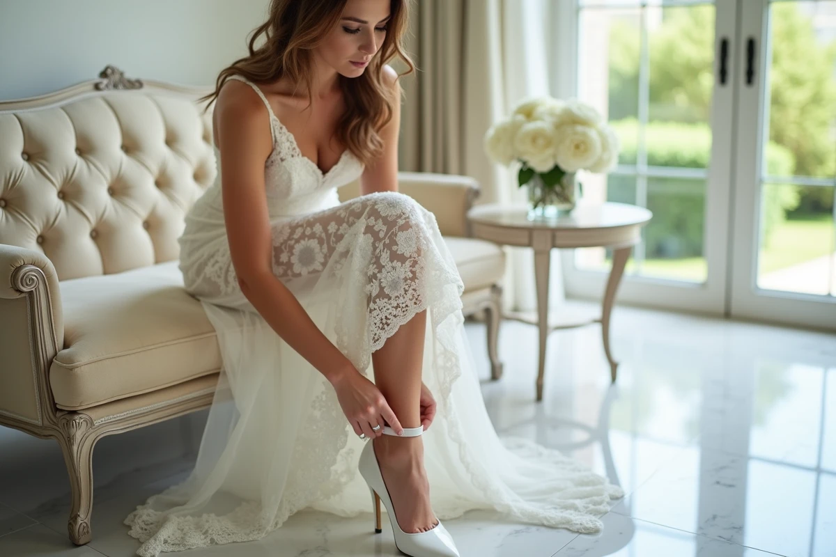 Petite mariée attachant une chaussure blanche à talon aiguille avec bride cheville dans un salon nuptial