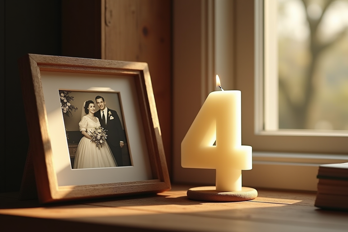 Photo de mariage vintage avec bougie chiffre quatre