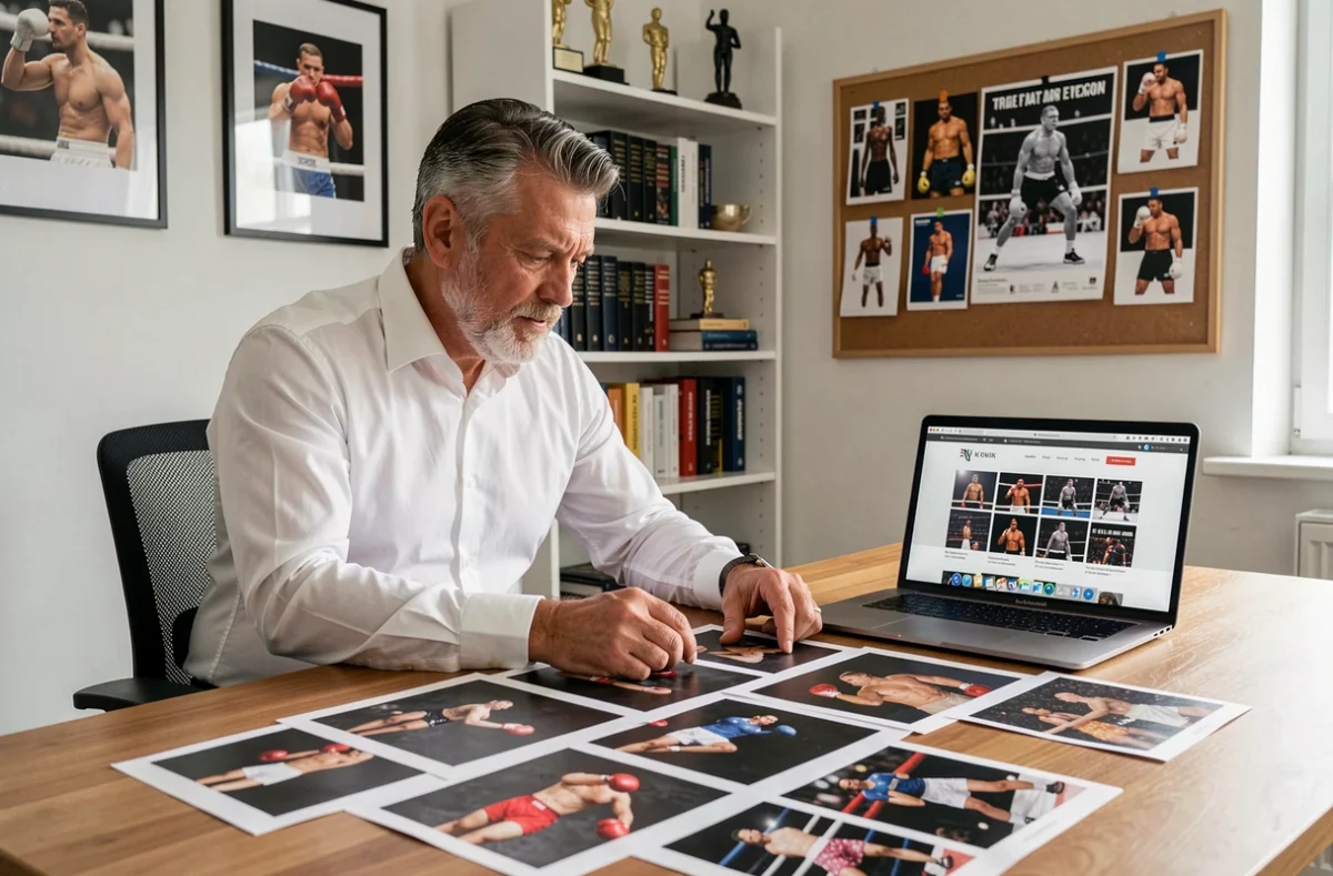 Photographe spécialisé en boxe dans son bureau étudiant des tirages de photos de boxe professionnelles sur son bureau avec un portfolio ouvert sur ordinateur