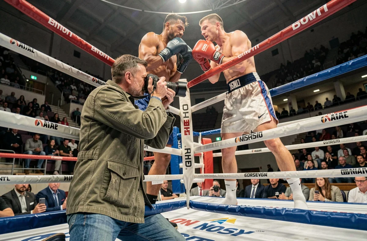 Photographe de boxe professionnel au bord d'un ring officiel capturant un échange entre deux boxeurs lors d'un combat en salle