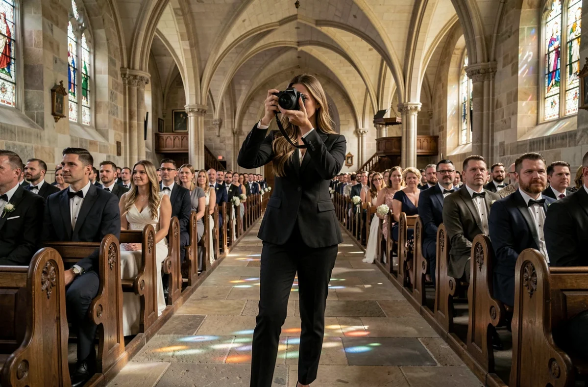 Photographe de mariage discrète capturant la cérémonie dans une église historique de Cambrai