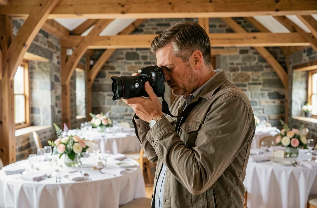 Photographe événementiel vérifiant ses photos dans une salle de réception bretonne décorée à Lesneven