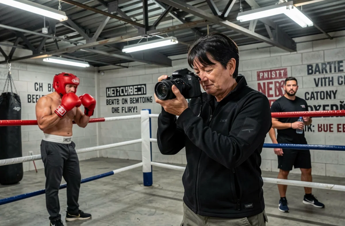 Photographe féminine spécialisée en boxe consultant ses photos sur son appareil reflex dans une salle de boxe urbaine pendant une pause entre les rounds