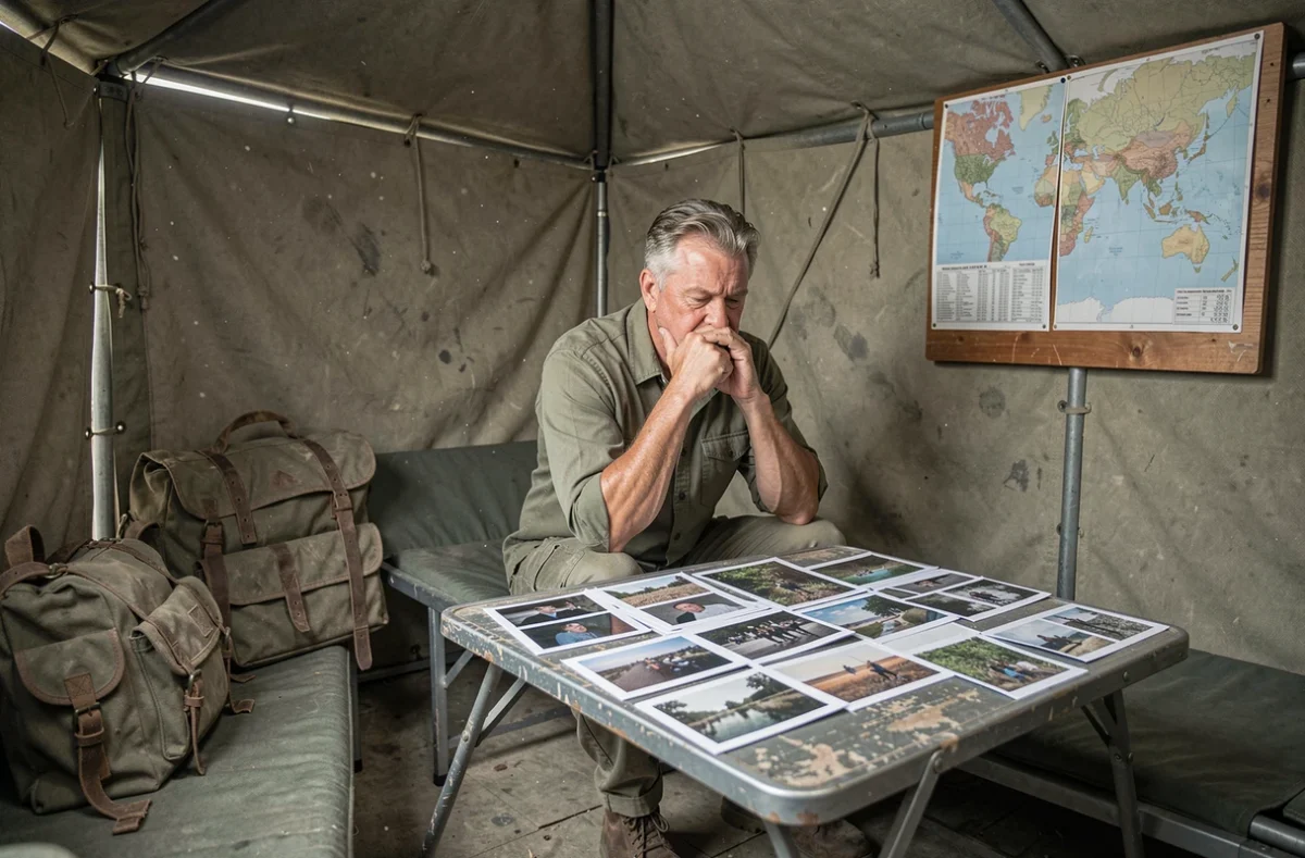 Photographe de guerre seul dans une tente militaire examinant des planches contact, ambiance reportage en zone de conflit
