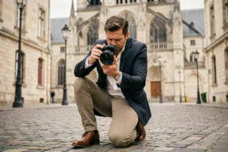 Photographe de mariage professionnel en action dans une place pavée de Cambrai avec architecture historique en arrière-plan