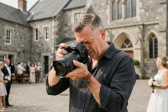 Photographe professionnel cadrant une scène lors d'un mariage en plein air à Lesneven, avec architecture bretonne en arrière-plan