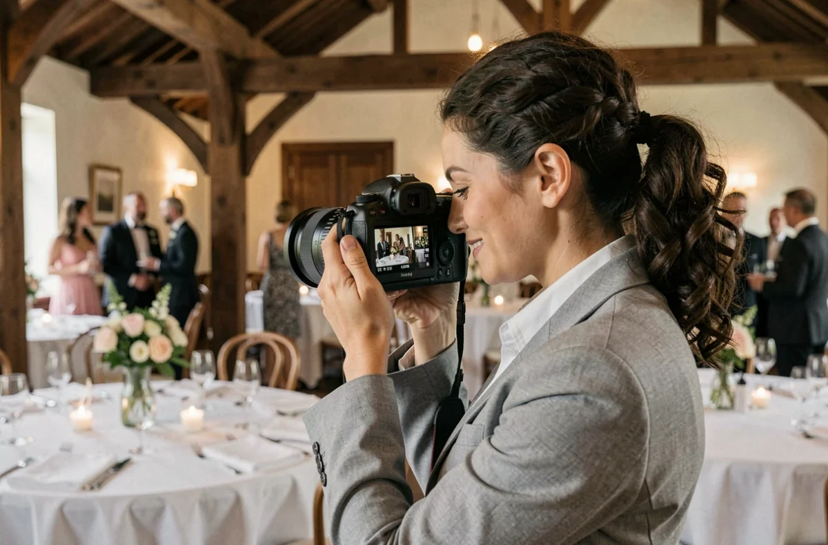 Photographe de mariage vérifiant ses clichés lors d'une réception en salle à Franconville