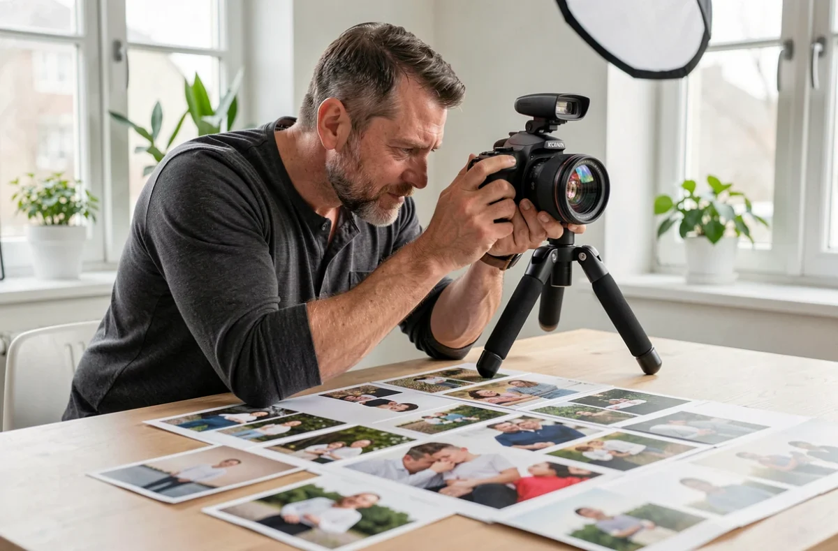 Photographe masculin préparant un shooting de photos pour la création d'un calendrier photo personnalisé