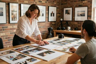 Photographe professionnelle présentant des échantillons de calendriers photo à un client dans un studio moderne