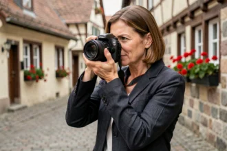 Photographe professionnelle tenant un appareil photo reflex dans une rue alsacienne pittoresque à Illzach