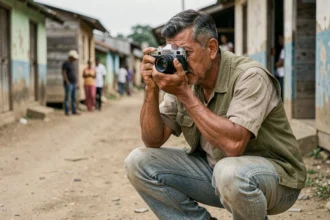 Photographe de reportage accroupi sur une route poussiéreuse dans un village rural, appareil photo argentique levé, ambiance documentaire authentique