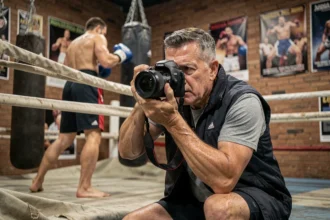 Photographe professionnel spécialisé en boxe accroupi au bord du ring avec son appareil photo reflex, capturant un combat dans une salle de boxe authentique