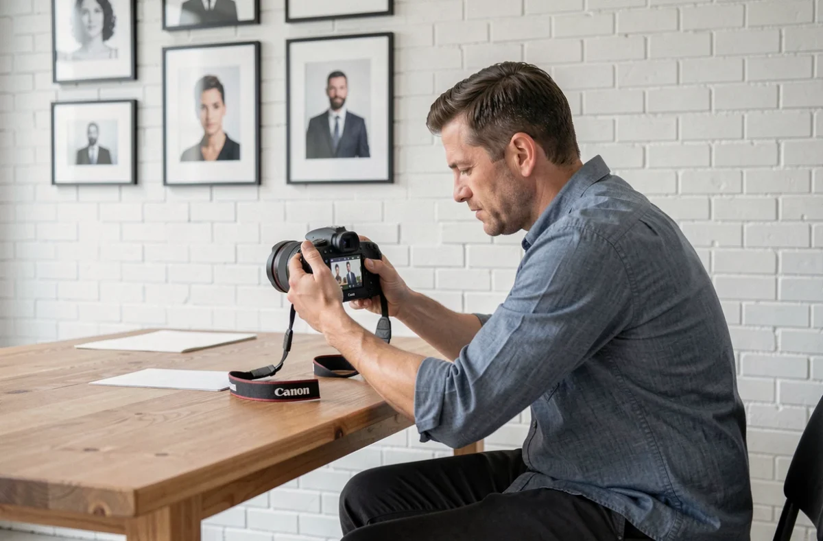 Photographe masculin révisant des photos dans un studio photo moderne et épuré à Illzach
