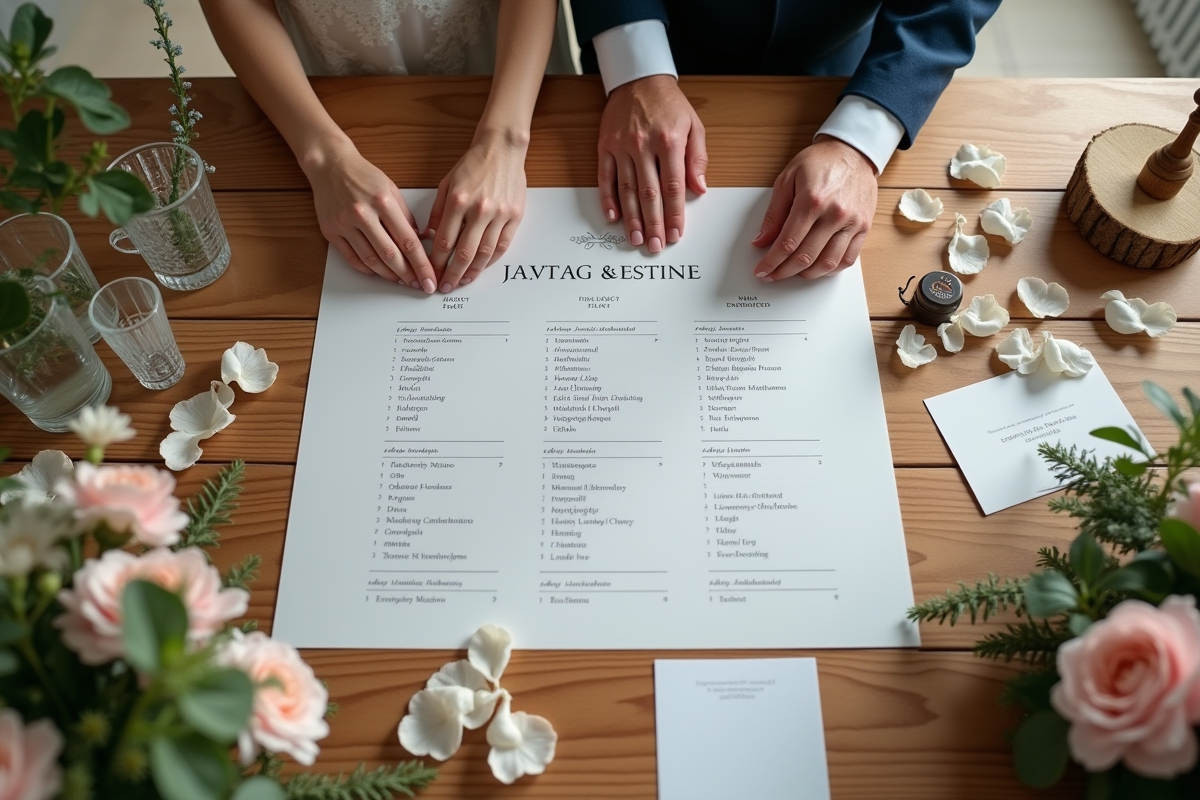 Plan de table de mariage avec cartes et fleurs