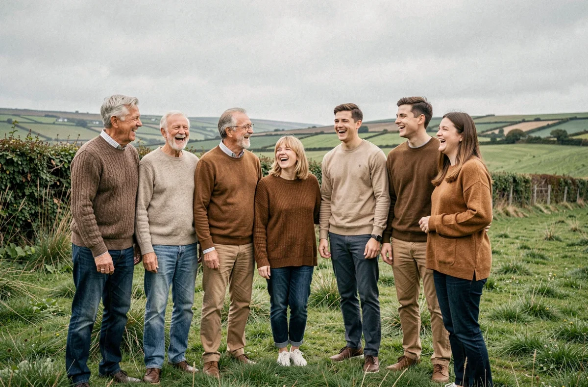 Portrait de famille multigénérationnelle dans la campagne bretonne près de Lesneven, ambiance naturelle et authentique