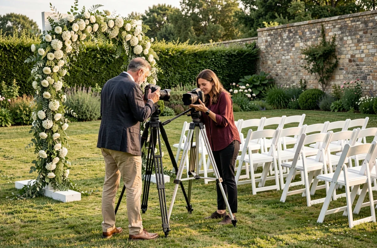 Deux photographes préparant leur matériel pour une cérémonie de mariage en extérieur à Franconville