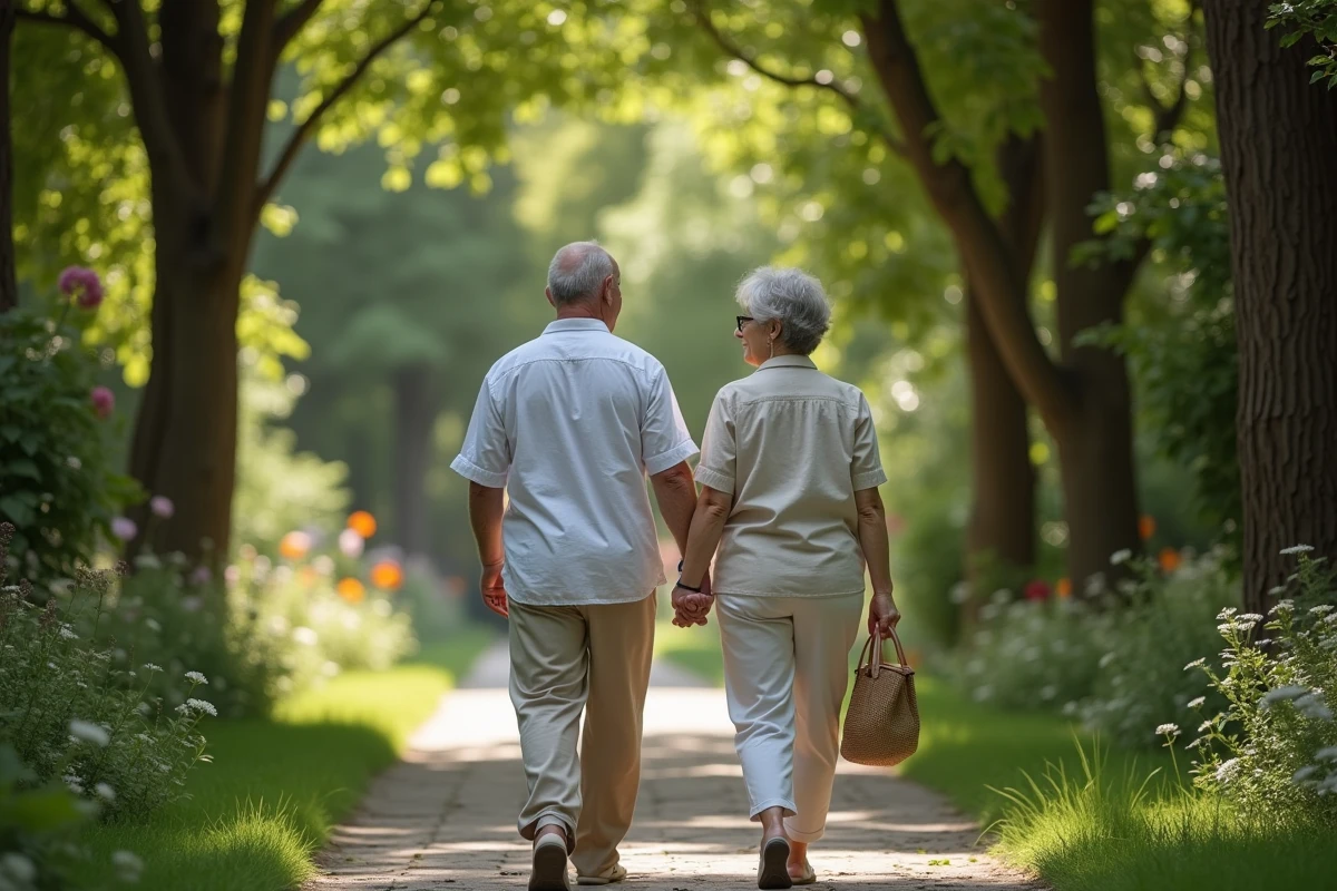 Couple marchant dans un jardin botanique verdoyant