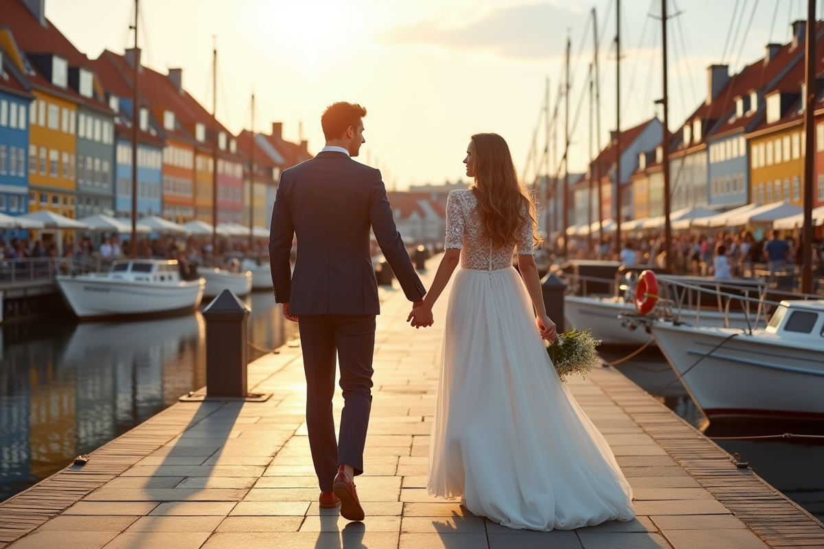 Jeune couple marchant au port danois coloré ensoleillé